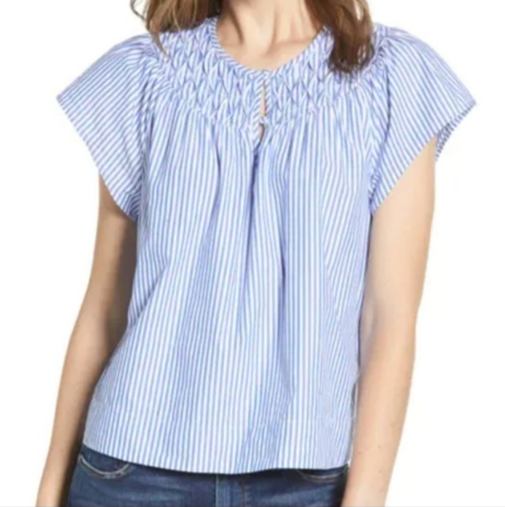 J. Crew smocked poplin blue white striped top XXL